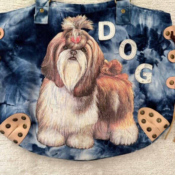 Tie-Dye Dog Print Corduroy Tote Bag With Fringe Details Zipper Pocket - Picture 2 of 13